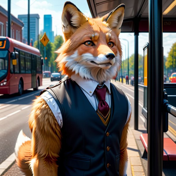 Photo d'un renard dans un gilet sur l'arrêt de bus