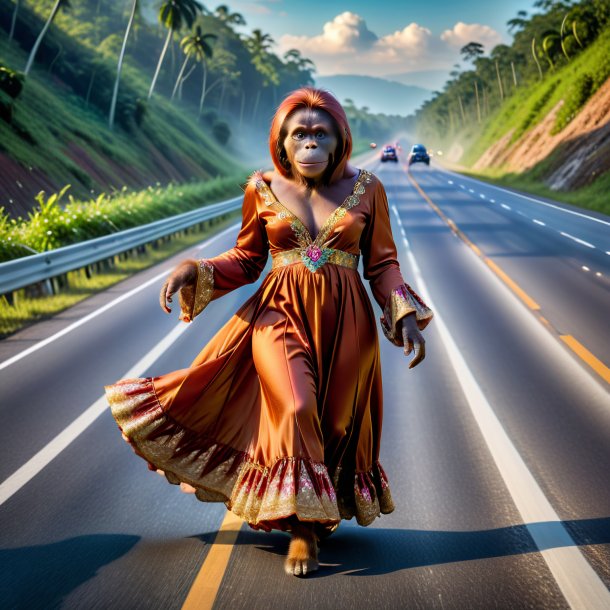 Foto de un orangután en un vestido en la carretera