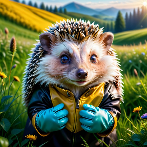 Image of a hedgehog in a gloves in the meadow