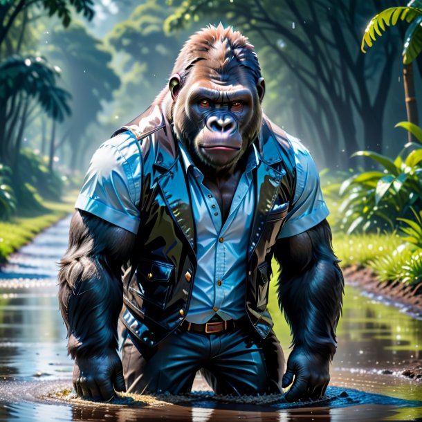 Pic of a gorilla in a vest in the puddle