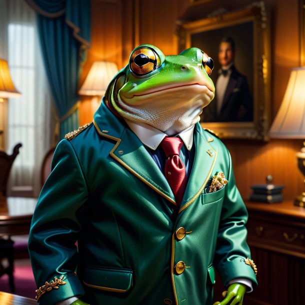 Image of a frog in a jacket in the house