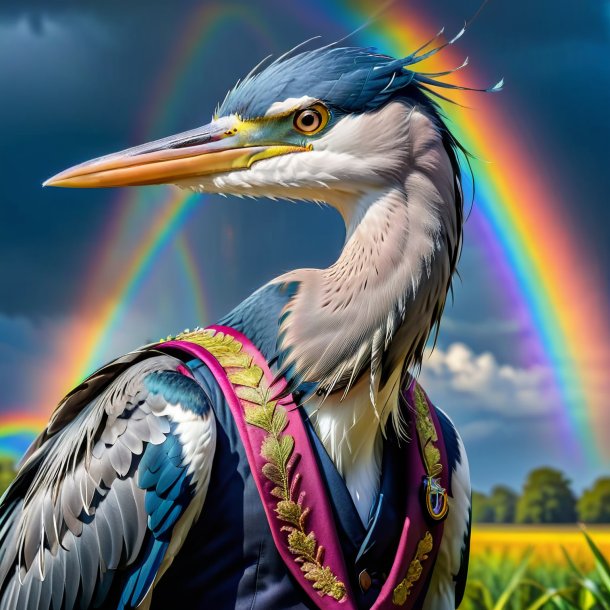 Picture of a heron in a vest on the rainbow