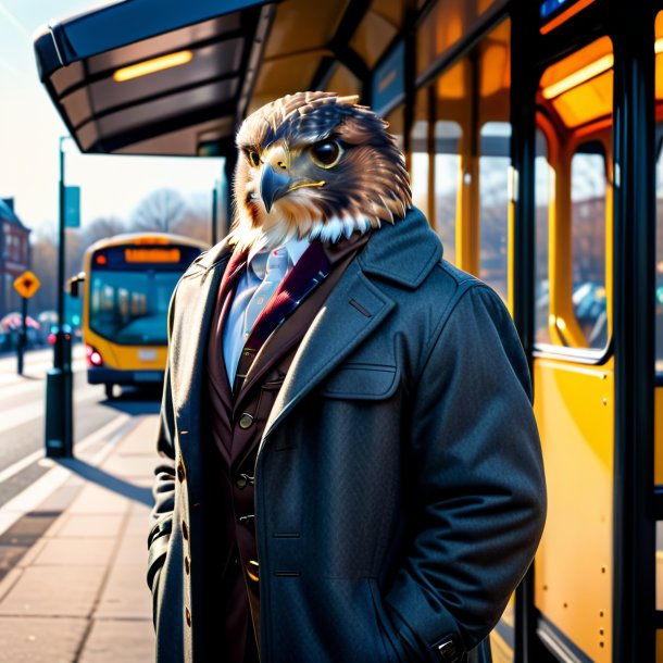 Image of a hawk in a coat on the bus stop