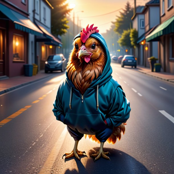 Drawing of a hen in a hoodie on the road