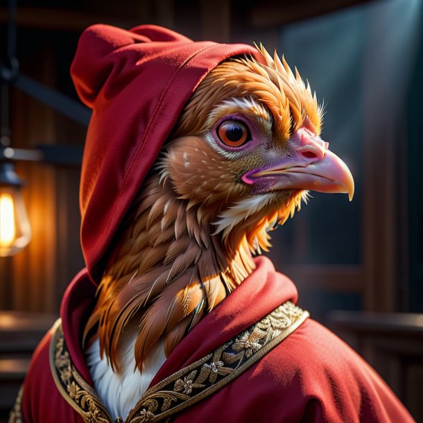 Pic of a hen in a red hoodie