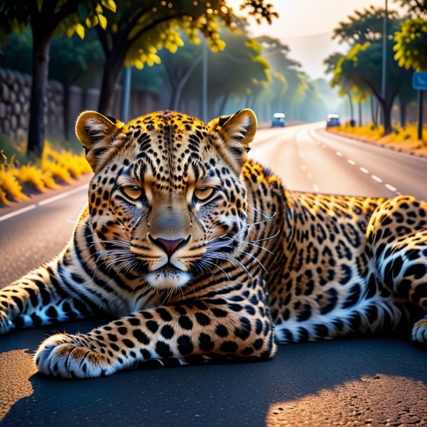 Photo of a sleeping of a leopard on the road