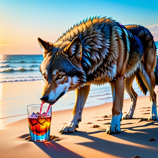 Pic of a drinking of a wolf on the beach