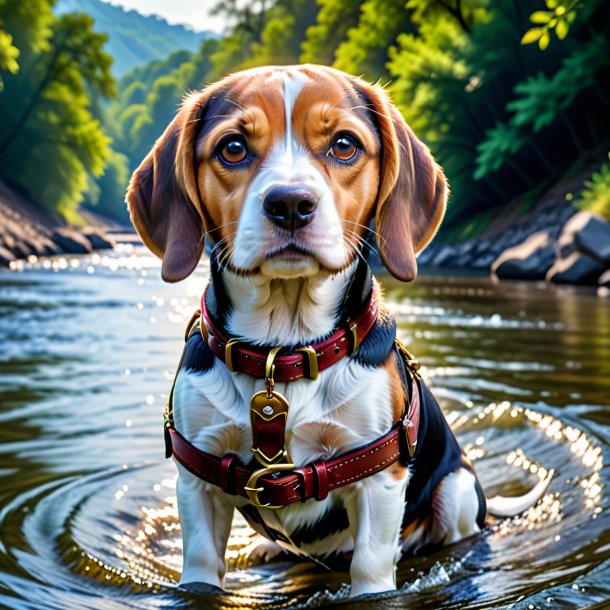 Pic of a beagle in a belt in the river