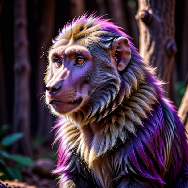 Foto de um babuíno em um casaco roxo