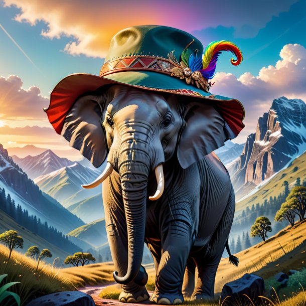 Picture of a elephant in a hat in the mountains