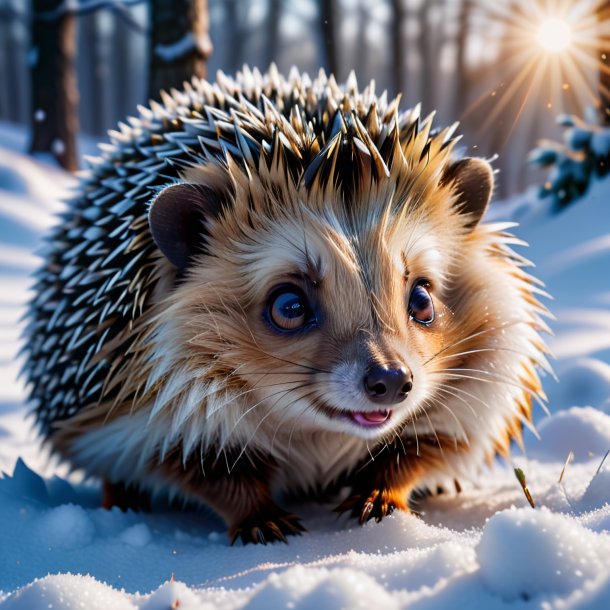 Photo of a crying of a hedgehog in the snow