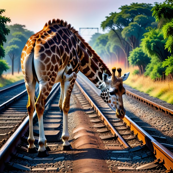 Foto de un llanto de una jirafa en las vías del tren