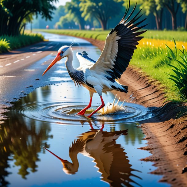 Photo d'une baignade d'une cigogne dans la flaque