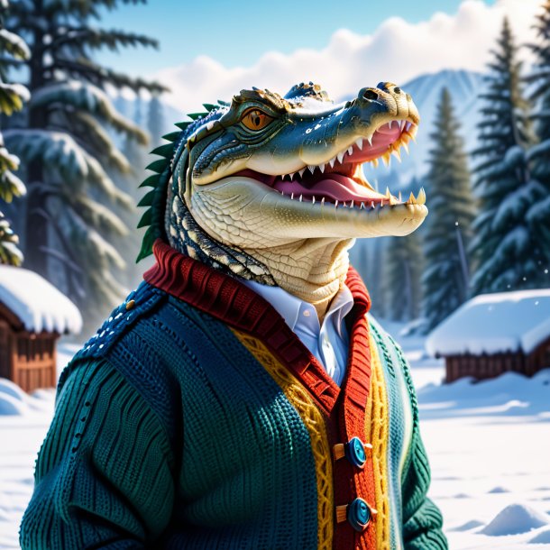 Pic of a crocodile in a sweater in the snow