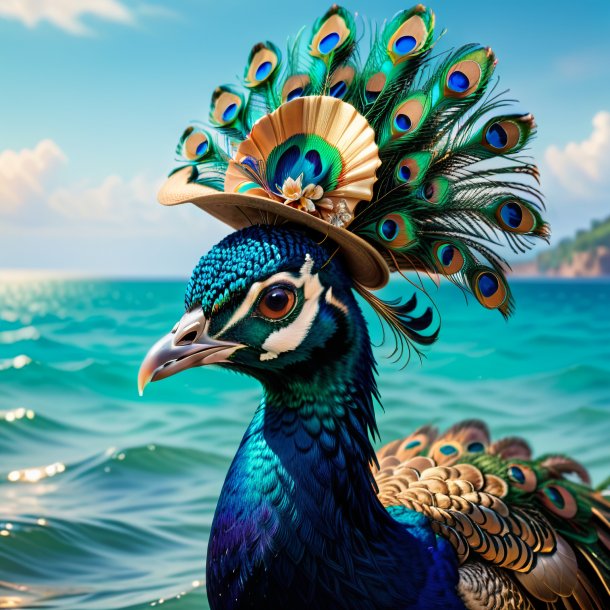 Imagen de un pavo real en un sombrero en el mar