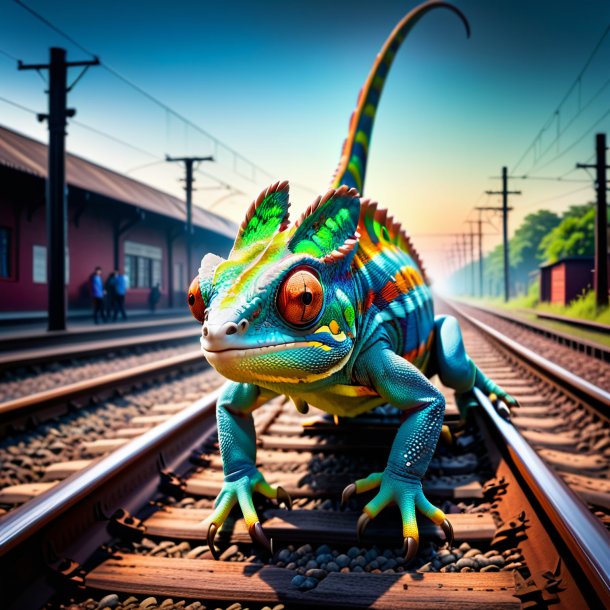 Foto de uma ameaça de um camaleão nos trilhos ferroviários