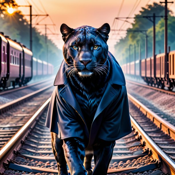 Picture of a panther in a coat on the railway tracks