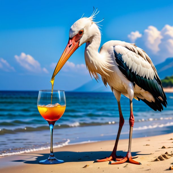 Picture of a drinking of a stork on the beach