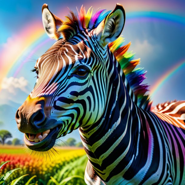 Photo of a smiling of a zebra on the rainbow