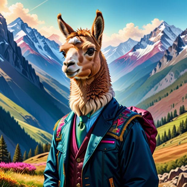 Drawing of a llama in a jacket in the mountains