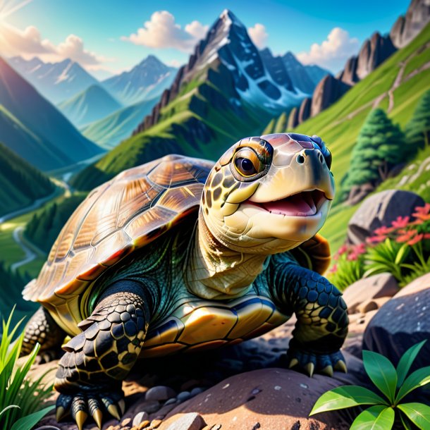 Image d'une tortue souriante dans les montagnes