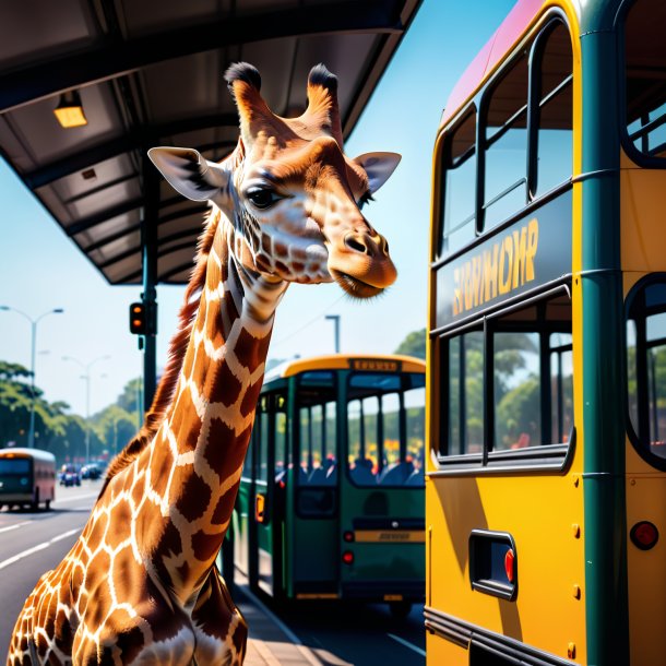 Imagem de uma girafa em um boné no ponto de ônibus