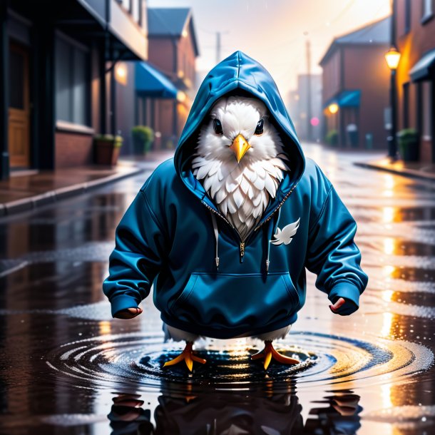 Image of a dove in a hoodie in the puddle