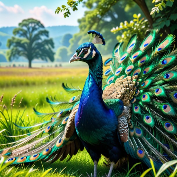 Photo of a resting of a peacock in the meadow