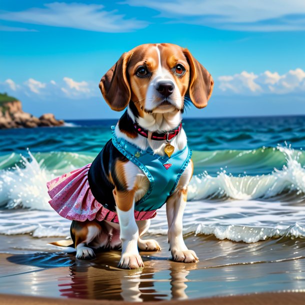 Imagen de un beagle en una falda en el mar