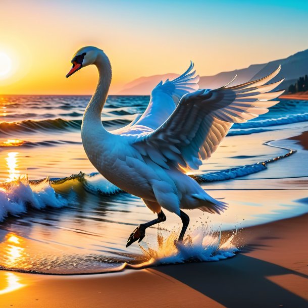 Image of a jumping of a swan on the beach