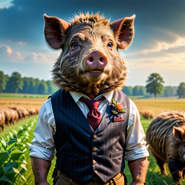 Photo of a boar in a vest on the field