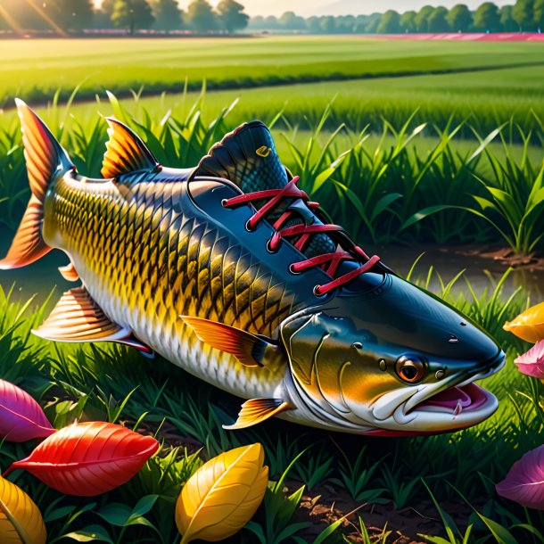 Illustration of a carp in a shoes on the field