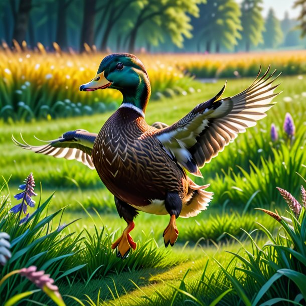 Pic d'un saut d'un canard dans la prairie