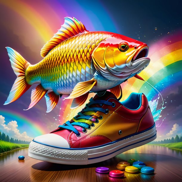 Drawing of a carp in a shoes on the rainbow