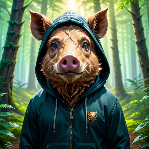 Ilustração de um javali em um hoodie na floresta