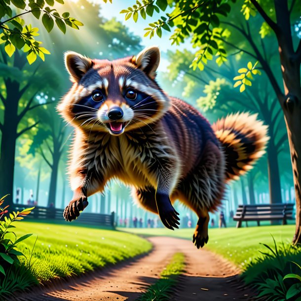 Photo of a jumping of a raccoon in the park