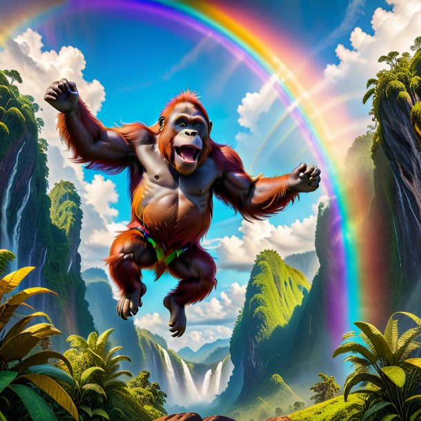 Imagen de un salto de un orangután en el arco iris