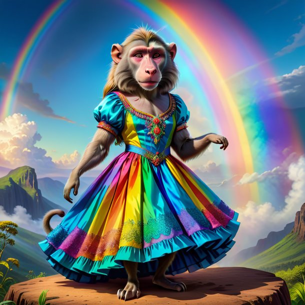 Drawing of a baboon in a dress on the rainbow