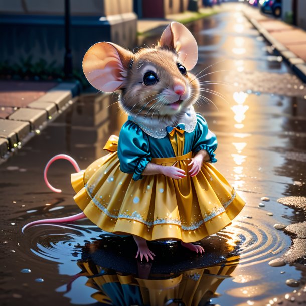 Picture of a mouse in a dress in the puddle