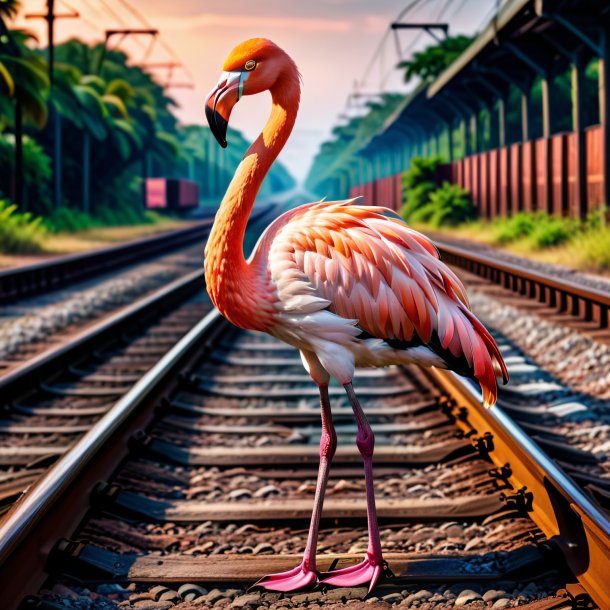 Pic of a flamingo in a vest on the railway tracks