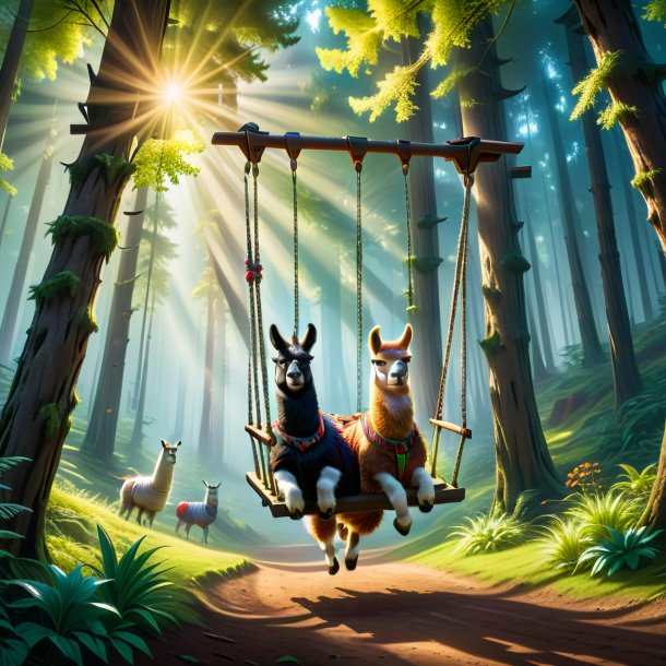 Pic of a swinging on a swing of a llama in the forest