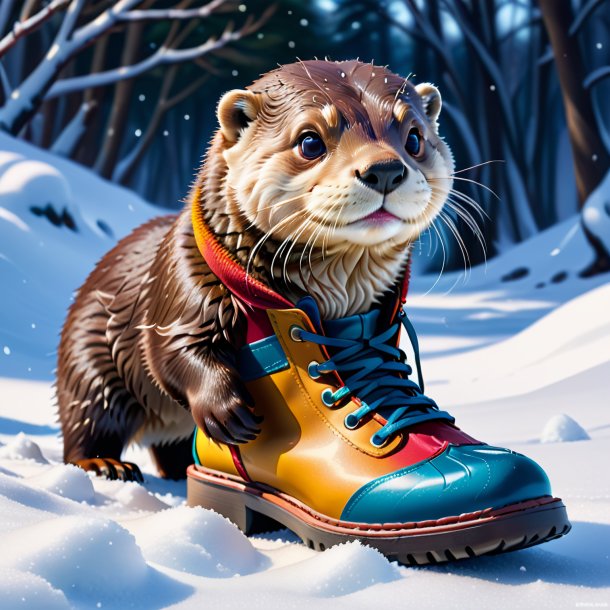 Ilustración de una nutria en los zapatos en la nieve