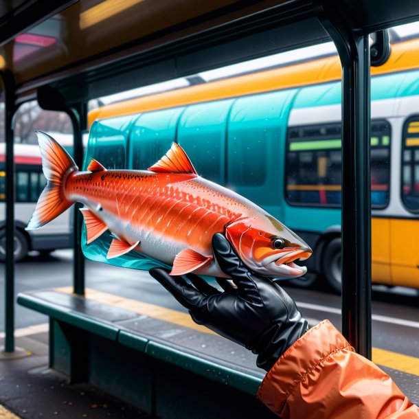 Drawing of a salmon in a gloves on the bus stop