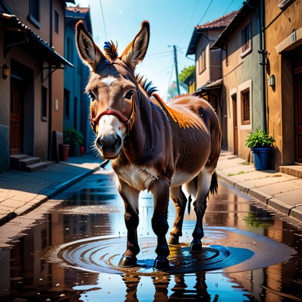 Drawing of a donkey in a cap in the puddle