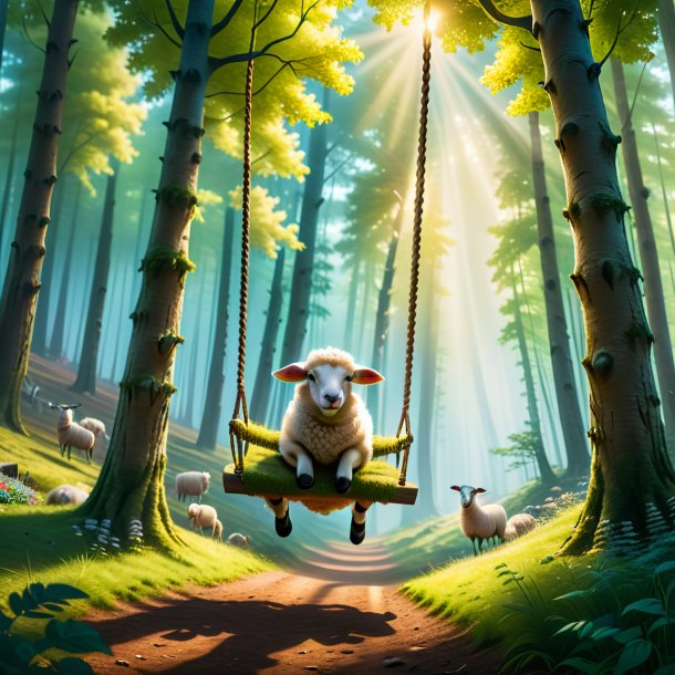 Picture of a swinging on a swing of a sheep in the forest