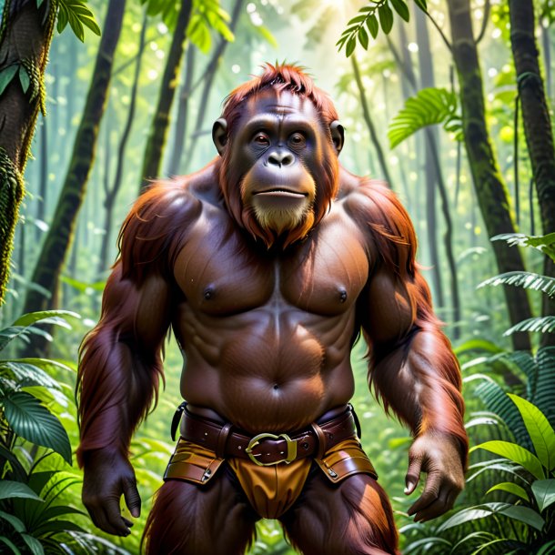 Photo of a orangutan in a belt in the forest