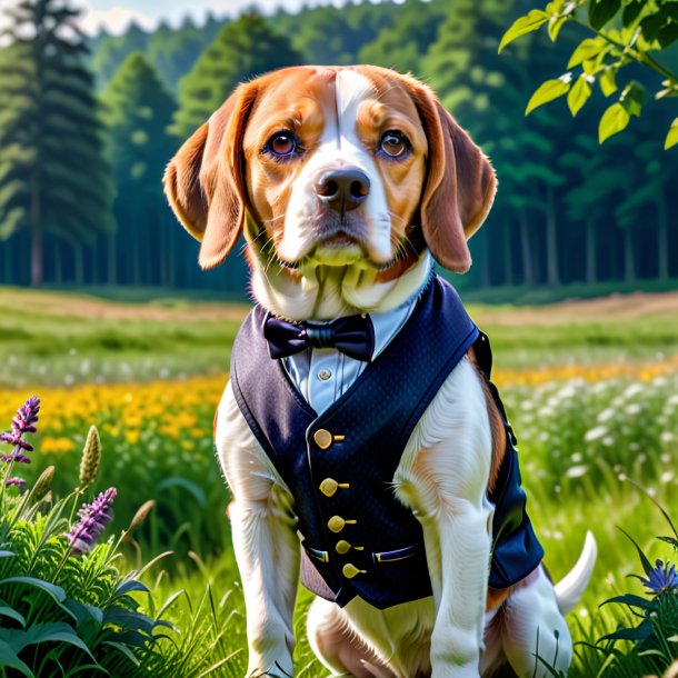 Pic of a beagle in a vest in the meadow