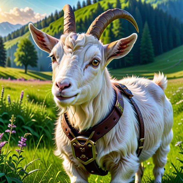 Picture of a goat in a belt in the meadow