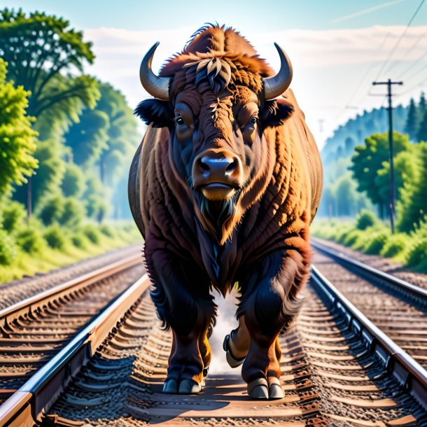 Image of a bison in a trousers on the railway tracks