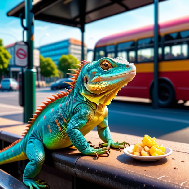 Foto de una comida de un lagarto en la parada de autobús